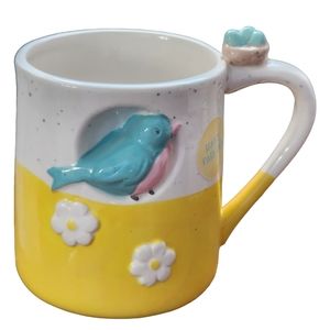 Seed & Sunshine Hand Painted Ceramic Coffee Mug Embossed Flower &‎ Bird Figurine